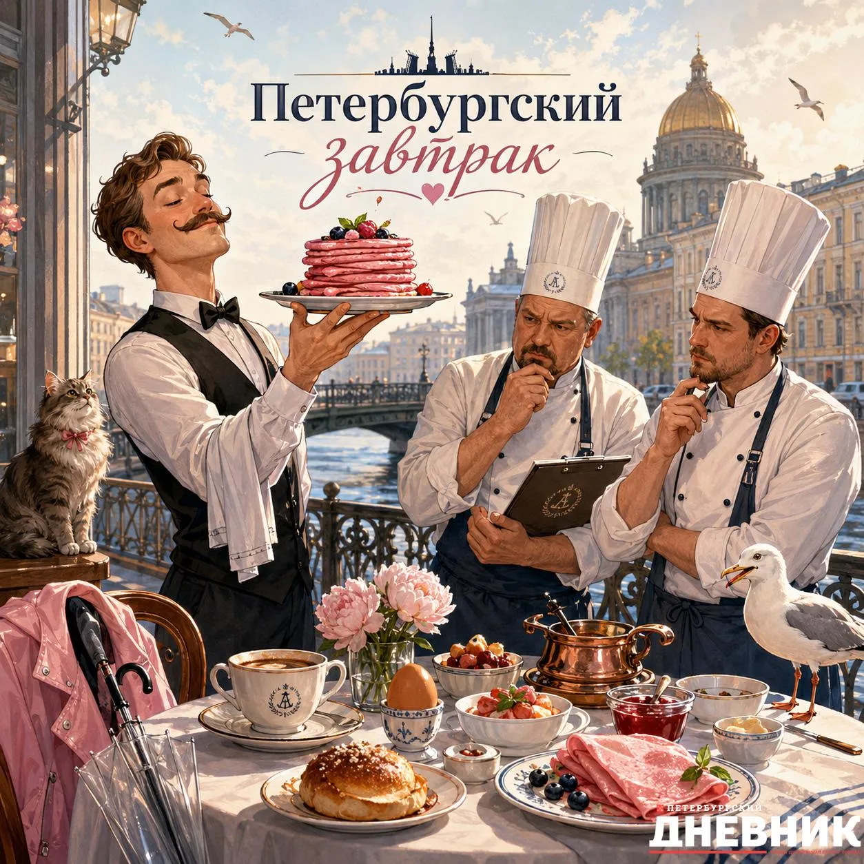Петербургский завтрак пройдёт с 18 мая по 18 июня В Петербурге состоится гастрономический фестиваль Петербургский завтрак Более 100 ресторанов и кафе подготовят специальные блюда вдохновлённые историей и культурным кодом Северной столицы Главным событием станет гастрономический конкурс 18 июня В финале 12 известных шеф поваров представят фирменные блюда и авторские версии розовых блинов Арины Родионовны няни Александра Пушкина В этом году впервые запустят онлайн голосование гости города смогут повлиять на выбор лучшего завтрака с петербургским акцентом Фото DALL E Подписаться на Петербургский дневник в МАКС