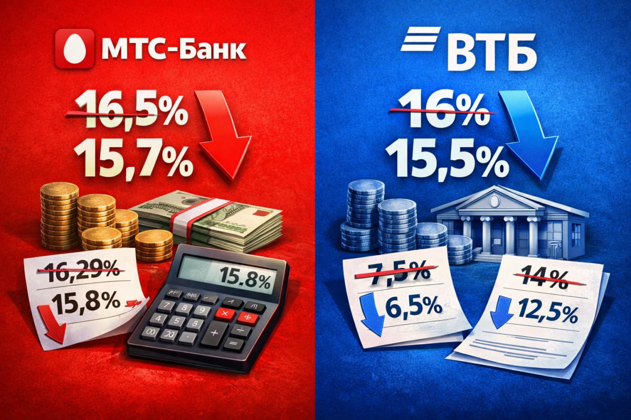 Банки начали резать ставки после заседания ЦБ МТС Банк и ВТБ одними из первых отреагировали на снижение ключевой ставки ЦБ   Вклад МТС Деньги на 4 месяца было 16 5 годовых стало 15 7 годовых Проценты выплачиваются в конце срока Действует для новых вкладчиков у кого не было вкладов 30 дней   МТС вклад Плюс на 3 месяца с 16 29 годовых до 15 8 годовых   МТС вклад Плюс на 4 месяца с 16 18 годовых до 15 41 годовых Накопительные счета пока не тронули по прежнему 18 годовых на первые два месяца на сумму ежедневного остатка до 5 млн руб далее 12 5 годовых либо 14 5 годовых на минимальный остаток до 5 млн руб Новые тарифы со ставками 3  3  3  3  3     ВТБ снижает БАЗОВЫЕ ставки по НС с 23 12 тариф   На минимальный остаток 16 годовых не меняется приветственная ставка на первые 3 месяца на остаток до 1 млн руб до 10 млн руб Привилегия 7 7 5 годовых новая базовая ставка для всех Привилегия   На ежедневный остаток 15 годовых не меняется приветственная ставка на первые 3 месяца на остаток до 1 млн руб до 10 млн руб Привилегия 6 6 5 годовых новая базовая ставка для всех Привилегия Новый клиент клиент без вкладов и НС или с остатками менее 1000 руб последние 180 дней   С 22 12 также снижаются ставки по ВТБ Вкладу Максимальная ставка 15 5 годовых на 3 месяца для всех   Подписаться Все акции