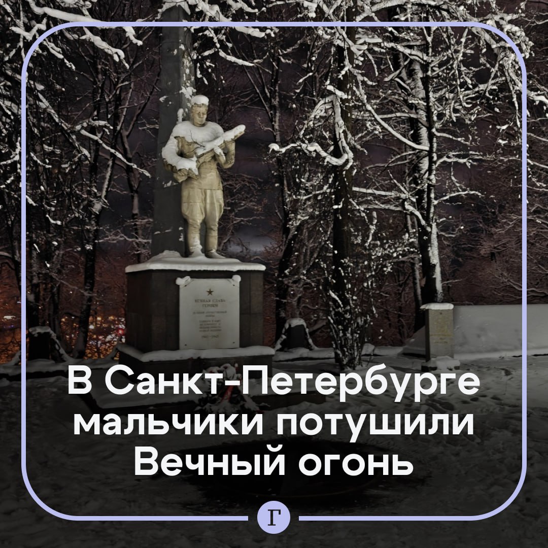 В Петербурге дети забросали снегом Вечный огонь.  Один восьмилетний мальчик подбежал к мемориалу в Красном Селе и пнул туда снег, а второй набрал охапку и бросил туда же.  Через некоторое время детей нашли и доставили в полицию, где провели с ними профилактическую беседу. Мать одного из мальчиков до сих пор находится в отделении, так как ее доставили туда в состоянии сильного алкогольного опьянения. Ее сына отправили в центр помощи семье и детям.  Сейчас решается вопрос о привлечении родителей к административной ответственности.  Подписывайтесь на «Газету.Ru»