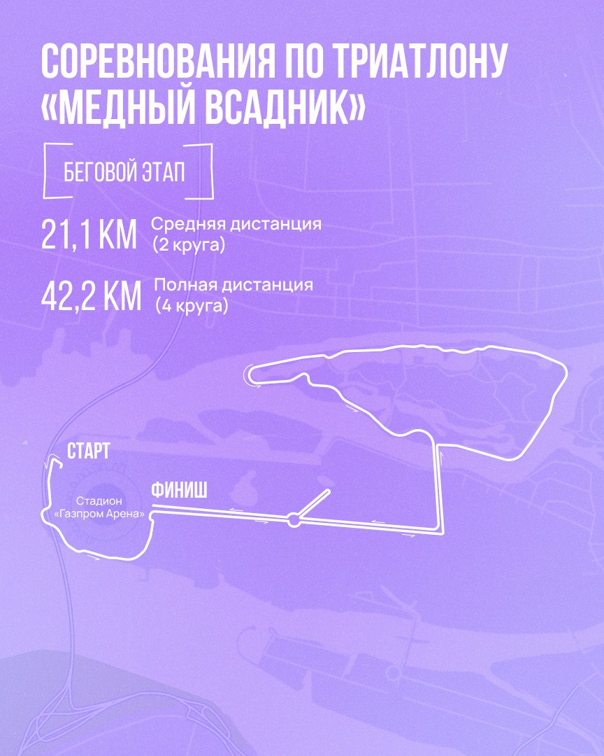 Уже завтра в Петербурге пройдут соревнования по триатлону «Медный всадник»   В городе будут действовать временные ограничения для движения транспорта. На карточках — маршруты велосипедного и бегового этапов соревнований. Подробнее о перекрытиях можно узнать в статье.  Будьте бдительны, планируйте маршрут заранее!