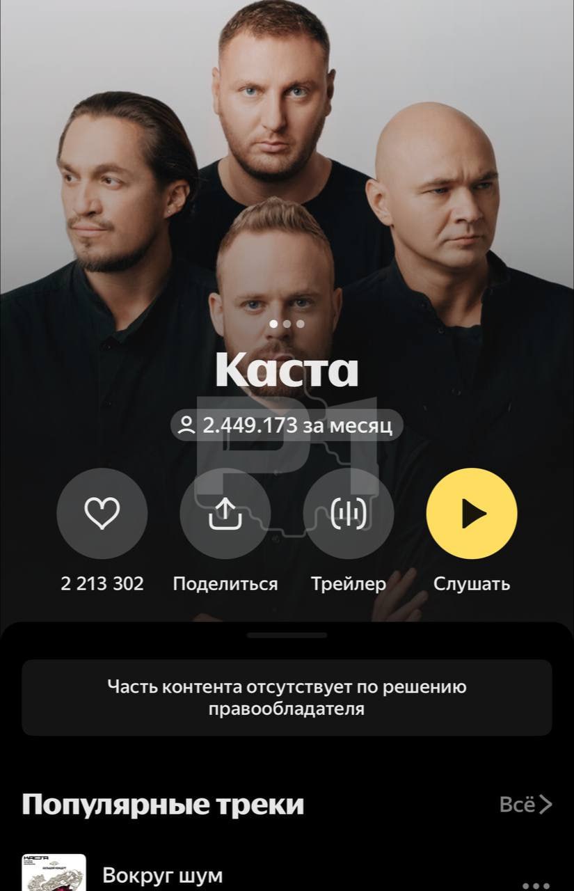 Треки ростовсой группы «Каста» исчезла из «Яндекс.Музыка» и Apple Music. В последнем сервисе остался лишь концертный альбом, а ранее добавленные пользователями сохранённые композиции также пропали из доступа.  Как сообщили РИА Новости представители музыкальных платформ, удаление треков было инициативой самого коллектива. Причины такого решения не уточняются.  В январе 2024 года солиста группы Владислава Лешкевича  Влади  включили в реестр иноагентов. Основанием стало «распространение недостоверных сведений» о решениях российских властей.  Больше никакого «Вокруг шум»...     Подписаться   Прислать новость