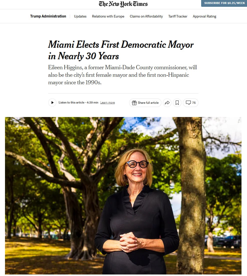 Республиканцы терпят поражение В Майами первый мэр демократ почти за 30 лет The New York Times Это первая победа Демократической партии на выборах мэра с 1997 года победила бывший окружной комиссар Эйлин Хиггинс Она стала первой женщиной мэром в Майами набрав 59 во втором туре и опередив бывшего городского управляющего города Эмилио Гонсалеса Он входил в переходную команду Министерства внутренней безопасности при Трампе Трамп поддержал Гонсалеса а демократы помогали Хиггинс Победительница сменит на посту действующего мэра республиканца Фрэнсиса Суареса Она стала первым мэром неиспанского происхождения с 1990 х годов Демократы надеются что эта избирательная кампания создаст прецедент для промежуточных выборов в следующем году Подписывайтесь на BFM И в MAX