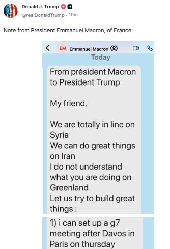 Эммануэль Макрон назначил Дональду Трампу рандеву в четверг в Париже Американский президент опубликовал текст сообщения в Truth Social Давайте поужинаем вместе в Париже в четверг перед тем как вы вернетесь в США написал президент Франции лидеру США Помимо ужина во французской столице Макрон предложил организовать встречу G7 после Давоса и пригласить на нее украинцев датчан сирийцев и россиян чтобы обсудить международные дела Мы полностью совпадаем по Сирии Мы можем сделать большие дела по Ирану Я не понимаю что вы делаете с Гренландией следует из сообщения Макрона Подлинность сообщений Макрона подтвердило агентство Рейтер IZ RU в Telegram в MAX