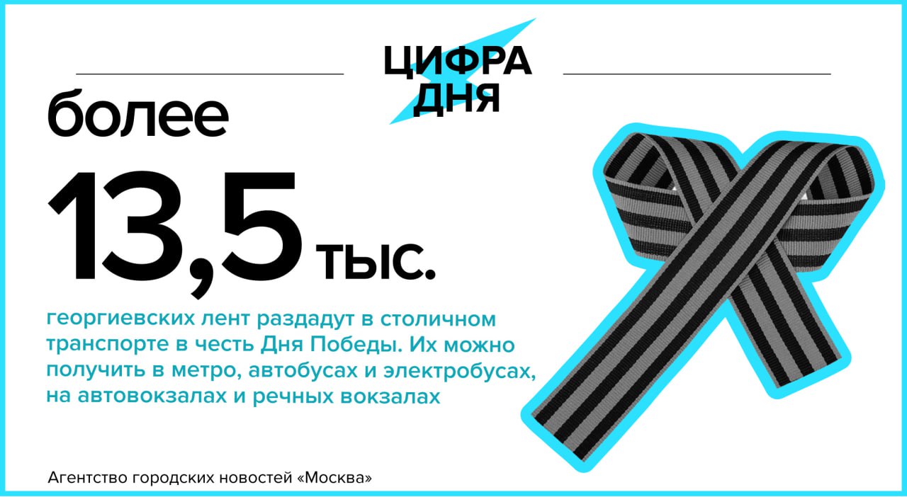 Цифра дня 7 мая: Более 13,5 тыс. георгиевских лент раздадут в столичном транспорте в честь Дня Победы. «Москва»