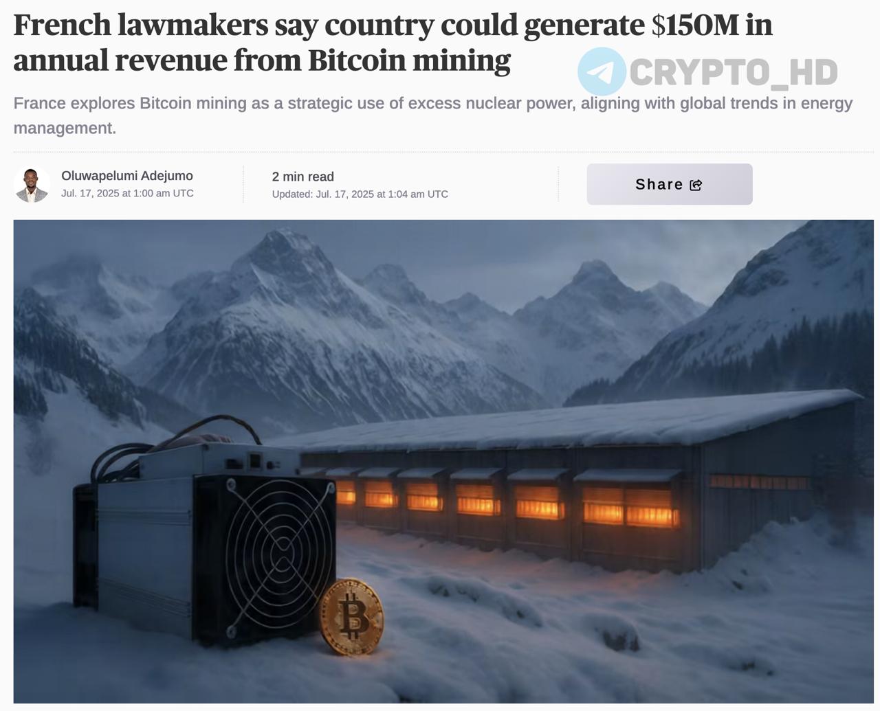 Во Франции планируют майнить Биткоин на ядерной энергии!  Парламентарии страны предложили направлять избыточную электроэнергию от АЭС  которая обычно теряется или продается в убыток  на работу майнинг-ферм.  Потенциальная прибыль – до 150,000,000$ в год за каждые 1 ГВт лишней энергии.  Ранее: контроль за криптой в ЕС   Crypto Headlines