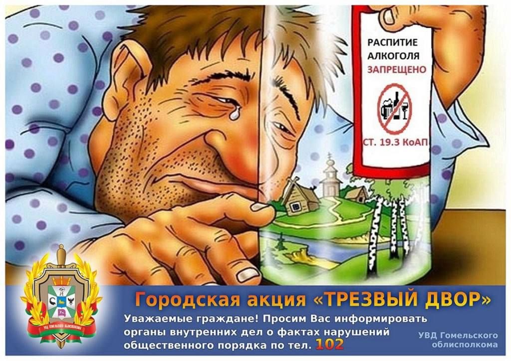 ТРЕЗВЫЙ ДВОР ПРОФИЛАКТИКА На Гомельщине проведут профилактическую акцию Трезвый двор Как рассказали в управлении охраны правопорядка и профилактики УВД Гомельского облисполкома мероприятие по соблюдению правопорядка который нередко нарушается с распитием спиртных напитков на дворовых территориях пройдет сегодня вечером в Жлобине Калинковичах и Рогачеве Совместно с сотрудниками милиции на маршруты патрулирования выйдут члены добровольных дружин предприятий и организаций Их задача сообщать милиционерам о правонарушениях Суть акции Трезвый двор борьба с пьянством на улицах Ведь пребывание отдельной категории граждан на улице может затягиваться до глубокой ночи и не всегда в трезвом виде с соблюдением общественных норм В связи с этим органы внутренних дел предупреждают об ответственности за распитие спиртного в общественных местах Так распитие алкогольных слабоалкогольных напитков или пива на улице стадионе в сквере парке общественном транспорте или в других общественных местах либо появление в общественном месте в состоянии алкогольного опьянения потребление в общественном месте наркотических средств или психотропных веществ влекут наложение штрафа в размере до восьми базовых величин ст 19 3 КоАП Республики Беларусь Оскорбительное приставание к гражданам и другие умышленные действия нарушающие общественный порядок деятельность организаций или спокойствие граждан и выражающиеся в явном неуважении к обществу влекут наложение штрафа в размере от двух до тридцати базовых величин или общественные работы или административный арест ст 19 1 КоАП Республики Беларусь