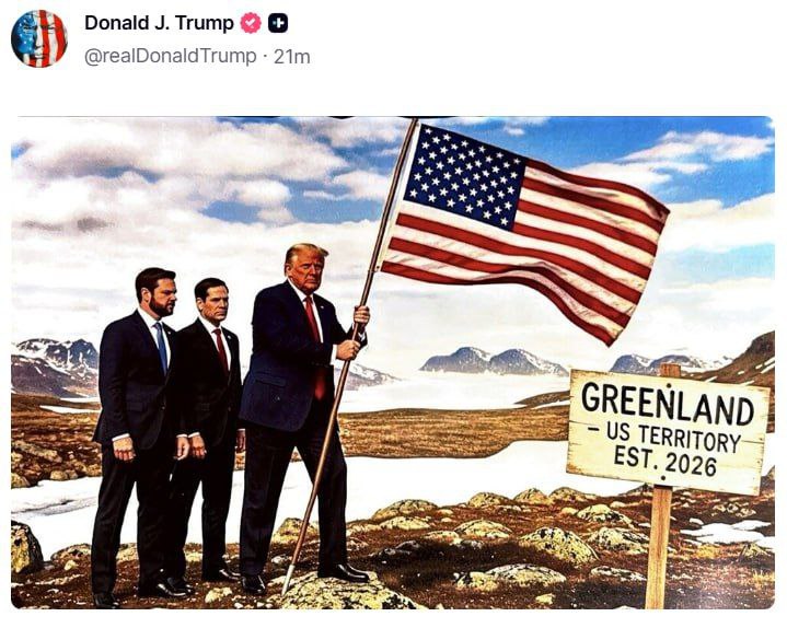 Трамп разместил в соцсети картинку заявление Гренландия территория США с 2026 года