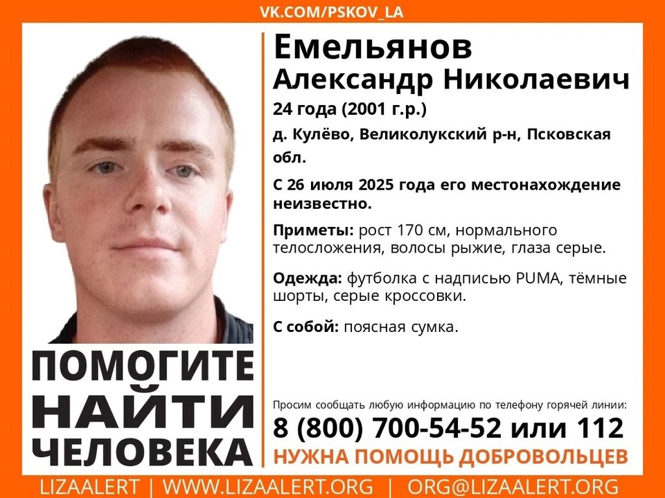 24-летний молодой человек пропал в Великолукском районе В Великолукском районе ведутся поиски 24-летнего Александра Емельянова. Об этом сообщают волонтеры регионального отделения поискового отряда «ЛизаАлерт». Молодой человек ушел из деревни Кулево 26 июля и с тех пор о его местонахождении ничего неизвестно.