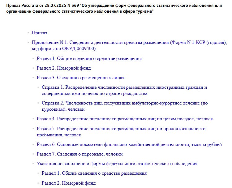 ВНИМАНИЕ Обновлены формы отчетности для санаториев и ведомственных гостиниц Росстат утвердил новые формы отчетов для санаторно курортных организаций и учреждений имеющих на балансе гостиницы или иные средства размещения Приказ Федеральной службы государственной статистики от 28 июля 2025 г 369 В частности по обновленной годовой форме 1 КСР Сведения о деятельности коллективного средства размещения нужно будет отчитаться по итогам деятельности за 2025 года Как и прежде функционирующие круглогодично должны сдать эту отчетность до 1 февраля после отчетного года т е ближайший отчет не позднее 1 февраля 2026 года Учреждения с сезонным размещением отчитываются по окончании работы сезона А начиная с отчетности за январь 2026 года нужно применять обновленную ежемесячную форму 1 КСР основные индикаторы Сведения о деятельности коллективного средства размещения Обратите внимание уточнен срок ее представления с 1 по 5 рабочий день после отчетного месяца Ранее применявшиеся аналогичные формы с введением новых утратили силу Telegram канал Безопасность туризма 24 7 с вами Подпишись