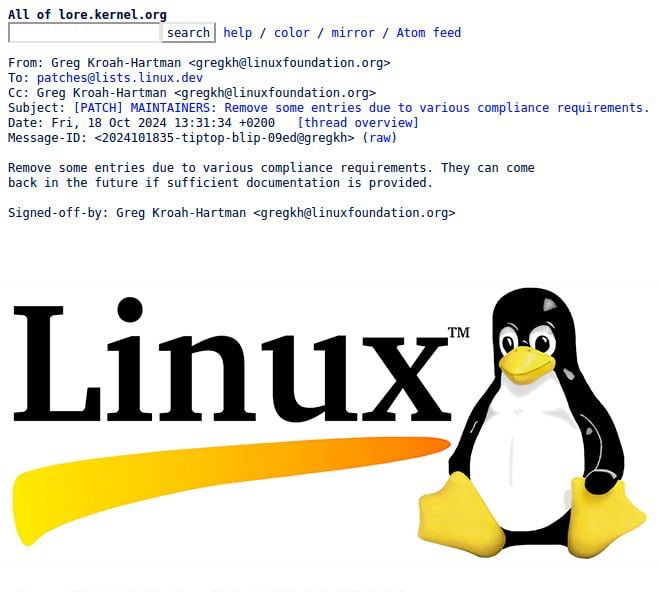 Российских программистов отрезали от разработки ядра Linux, сообщил один из разработчиков Грег Кроа-Хартман.   По его данным, от работы по «требованиям комплаенса» отстранили 11 человек, которые работают на российские компании — Сбербанк, «Метротек», МГУ, «Открытая мобильная платформа» и другие. Большинство из отстраненных специалистов используют почтовые адреса в доменной зоне .ru. «Возможно их возвращение в будущем, если будет предоставлена достаточная документация».