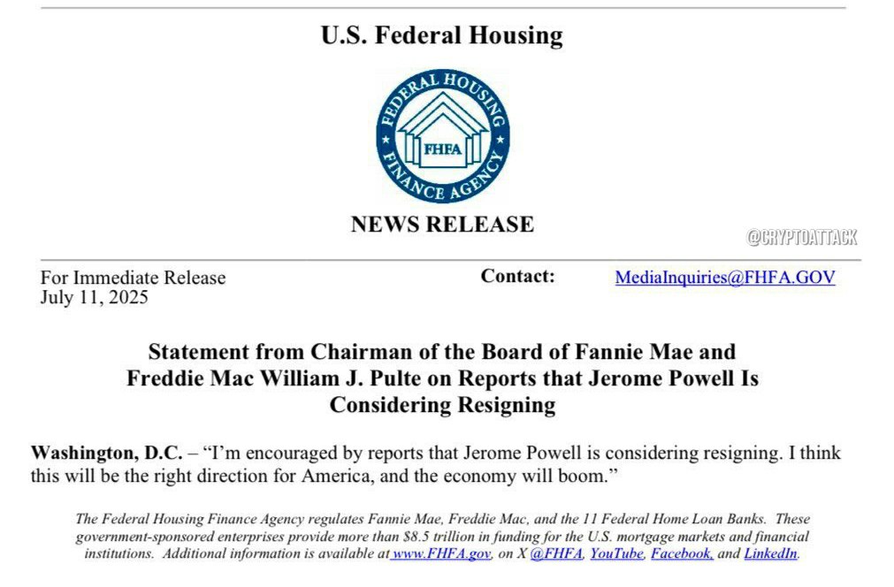 Председатели правления Fannie Mae и Freddie Mac опубликовали письмо, в котором указывается, что Пауэлл рассматривает возможность отставки.