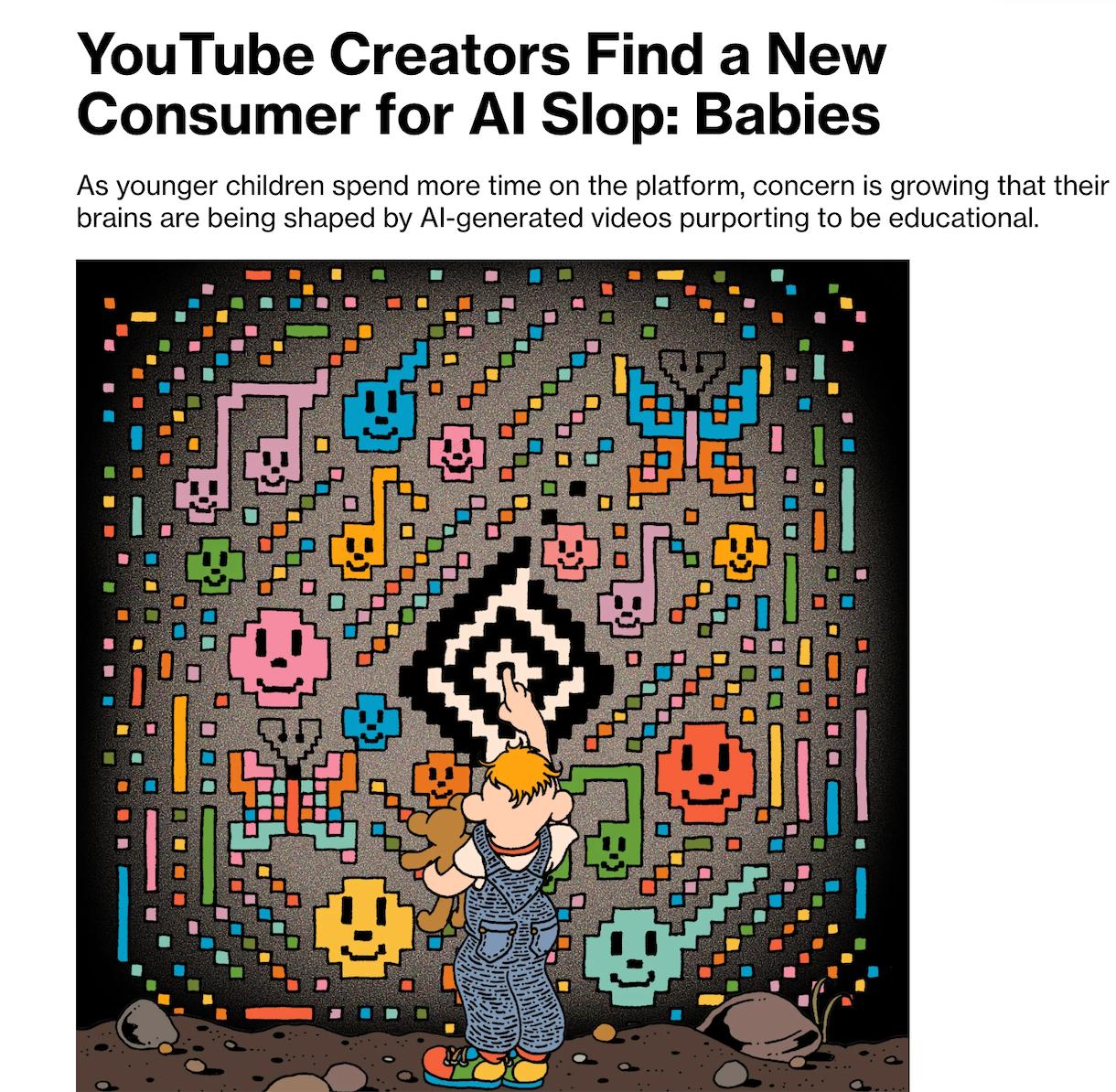 YouTube выбрал новую жертву для роста KPI и бизнес показателей детскую аудиторию Количество ИИ контента на видеохостинге растёт и ребята из YouTube буквально внушают самым маленьким что ИИ контент вполне себе нормальное явление И да большинство ИИ видео не имеют образовательной ценности а наоборот наполнены некачественной и порой опасной информацией Ну а YouTube просто собирает деньги с рекламы А теперь к цифрам 60 родителей позволяют детям до 2 лет смотреть YouTube а треть делает это ежедневно Как вы понимаете избежать просмотра нейроконтента почти невозможно Метрики и деньги важнее будущего детей Ну а впрочем что мы хотели от Google lobushkin