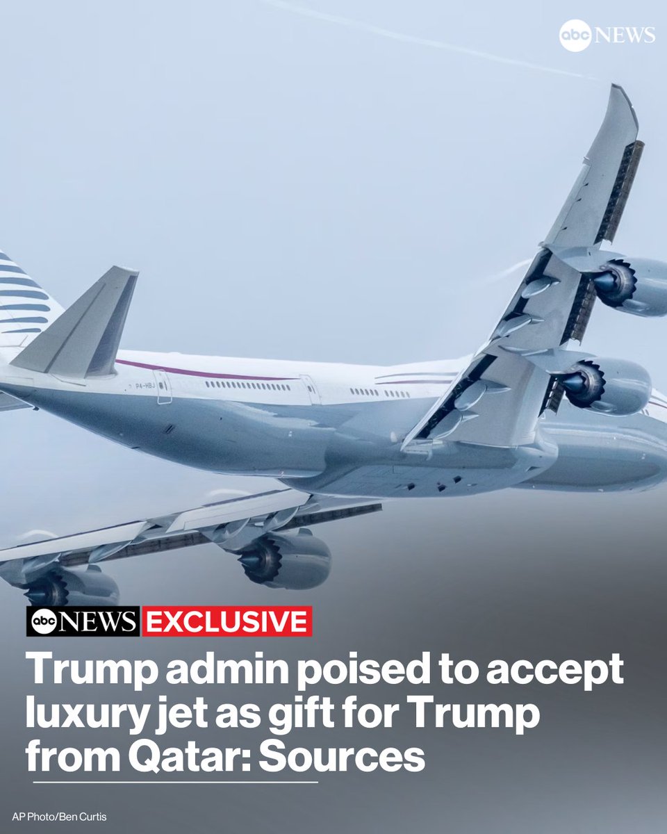 Ссылаясь на свои источники ABC News сообщили, что Администрация президента Трампа намерена принять в виде подарка от Катара самолет Boeing 747-8 jumbo jet стоимостью около 400 млн долларов. Самолет будет использоваться как борт №1 президента США, а после истечения срока президентства самолет будет передан из государственной собственности в собственность некоммерческого юрлица: библиотеки Трампа. Это самый дорогой подарок американскому президенту в истории страны. До конца остается непонятным, насколько будет законным передача самолета из государственной собственности. Кроме того, Конституция США запрещает принимать подарки занимающим выборные должности без согласия Конгресса. Однако, судебной практики по этому вопросу почти нет. В первый срок Трампа было несколько таких дел, но после прекращения срока президентства дела были прекращены Верховным судом как moot/не имеющие реального спора.