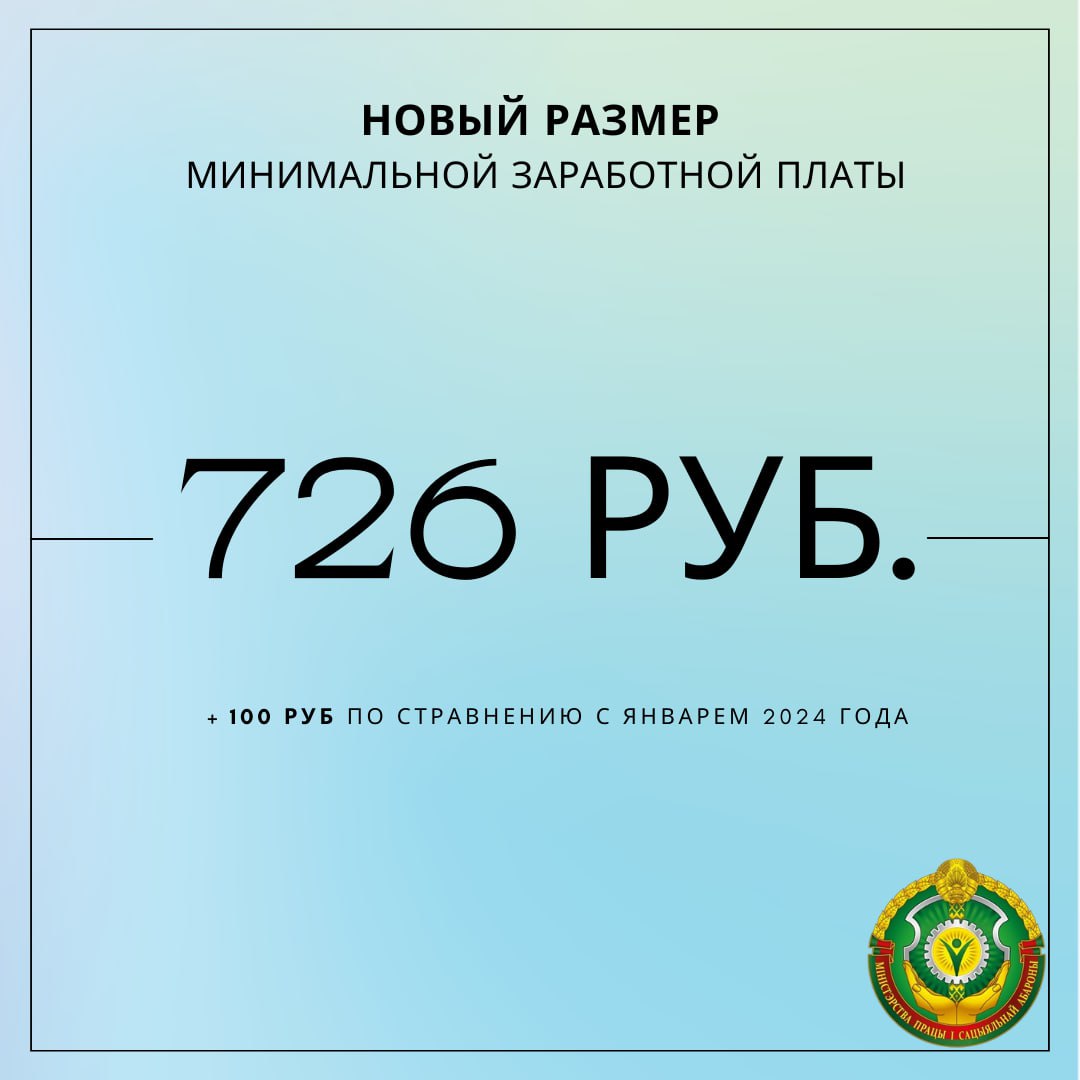 С 1 января 2025 г. минимальная заработная плата установлена в размере 726 рублей     По сравнению с январем 2024 года минимальная заработная плата увеличена на 100 рублей или почти на 16 процентов.   Минимальную заработную плату наниматель обязан применять в качестве низшей границы оплаты труда работников.    Данный социальный стандарт применяется в организациях независимо от формы собственности или вида экономической деятельности, в том числе в товариществах собственников, у индивидуальных предпринимателей, в отношении работников, заключивших трудовые договоры.    Минимальная заработная плата гарантируется всем работникам при выполнении установленных ими обязанностей и применяется с учетом отработанного рабочего времени.  Внимание!   Коллективным договором  соглашением  может быть установлен более высокий размер месячной минимальной заработной платы.