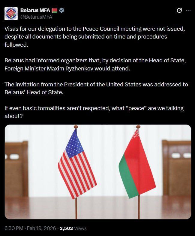 Министерство иностранных дел Беларуси заявляет что визы для их делегации на первое заседание Совета мира в Вашингтоне так и не были выданы несмотря на то что все документы были представлены вовремя и все процедуры были соблюдены