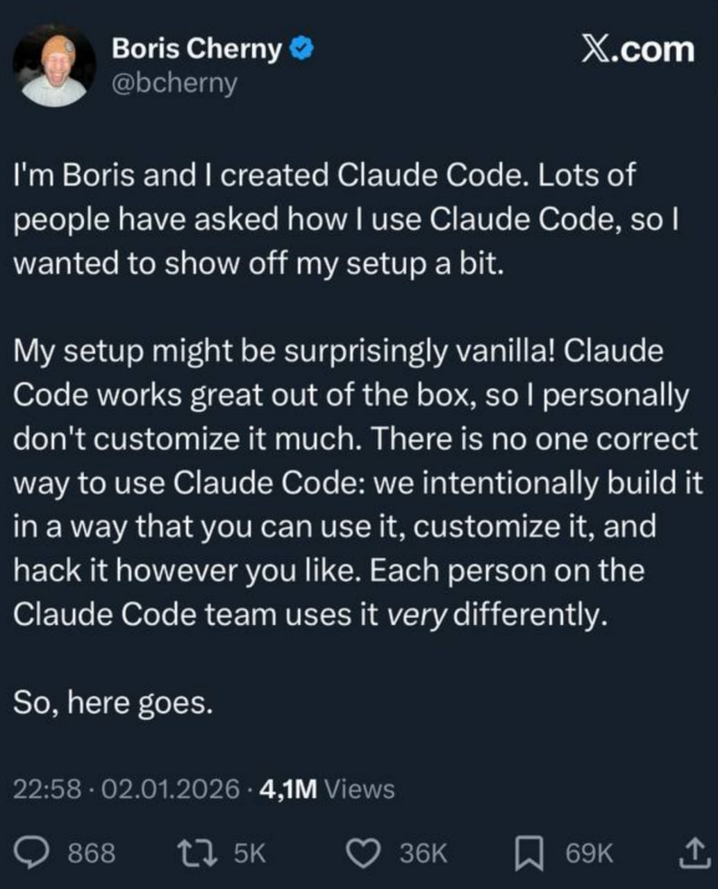 Борис Черный создал Claude Code 100 его коммитов в проект теперь пишет сам Claude Он выложил свой сетап неожиданно простой   Ключевые мысли Модель Opus 4 5 thinking для всего Да дорого и долго работает но зато финальный результат быстрее так что в итоге получается ещё и дешевле Plan Mode решает Сначала лучше добиваться плана который нравится а потом можно перейти в режим автоматического принятия правок и обычно модель за один проход справляется и пишет ровно по плану что нужно CLAUDE md маст хев Или аналогичный AGENTS md файл с контекстом проекта стек конвенции что не трогать На код ревью просите модель обновить этот файл Верификация это просто Люди переусложняют Дайте агенту способ увидеть результат запустить сервер открыть UI и опишите инструмент ИИ сам разберётся   Практические советы permissions вместо dangerously skip permissions заранее одобряешь безопасные команды типа ls git status PostToolUse hook для автоформатирования Claude пишет хорошо но последние 10 стиля лучше автоматизировать Несколько агентов могут работать параллельно каждый в своём git checkout без конфликтов но стоить будет уже как два крыла от боинга прим ред Интересно ещё про субагентов Борис натравливает их друг на друга при код ревью один проверяет стиль другой смотрит историю проекта третий ищет баги Конкуренция улучшает результат Оригинальный тред в Х со скриншотами рекомендую neuro channel