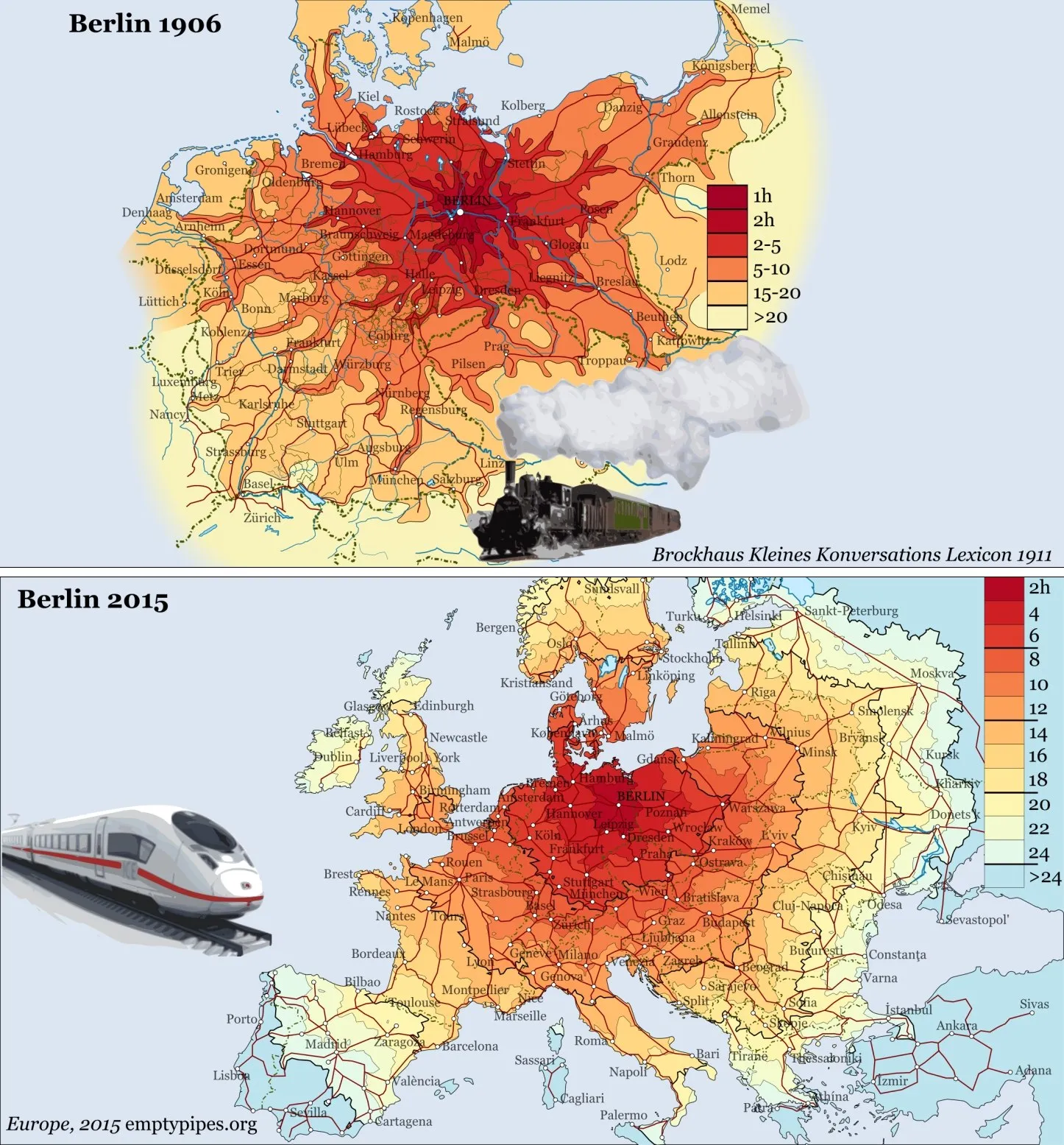 Железнодорожные изохроны Берлина 1906 и 2015г В начале прошлого века границы второго рейха достигались на паровозах в течение одних суток В сегодняшнюю эпоху скоростных поездов за это же время можно добраться уже до Мадрида и Афин
