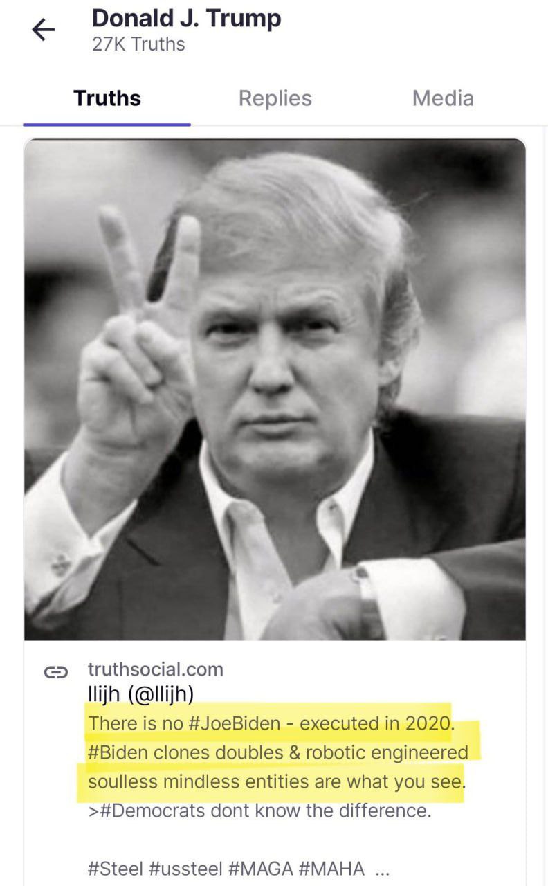 Трампа обвинили в конспирологии после того, как он заявил, что «Байдена больше нет — его казнили еще в 2020 году». Президент утверждает, что публика видит не реальных людей, а клонов, двойников и роботизированных, бездушных существ, созданных для того, чтобы выдавать себя за Байдена.