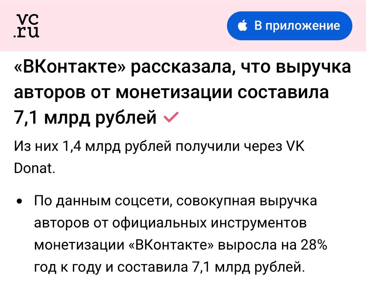 7,1 млрд рублей заработали авторы ВКонтакте в прошлом году: платформа подвела итоги 2024.  Доход создателей контента во ВКонтакте в 2024 году вырос на 28% и составил 7,1 млрд рублей. Доход через VK Donut показал рекордные 1,4 млрд рублей. Общее количество авторов, которые пользуются сервисом для донатов выросло в 1,7 раза.   В 2024 социальная сеть расширила функционал VK Donut, представила платформу VK AdBlogger для нативной рекламы, обновила кабинет выплат и представила обновленную Ленту.