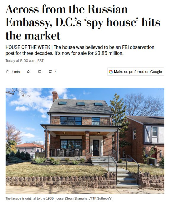 В Вашингтоне выставили на продажу дом напротив посольства России Объект предлагают купить за 3 85 млн долларов пишет The Washington Post Здание расположено по адресу 2619 Висконсин авеню Местные жители считают что дом десятилетия использовался ФБР для наблюдения за российским посольством   Telegram MAX Читать эксклюзив