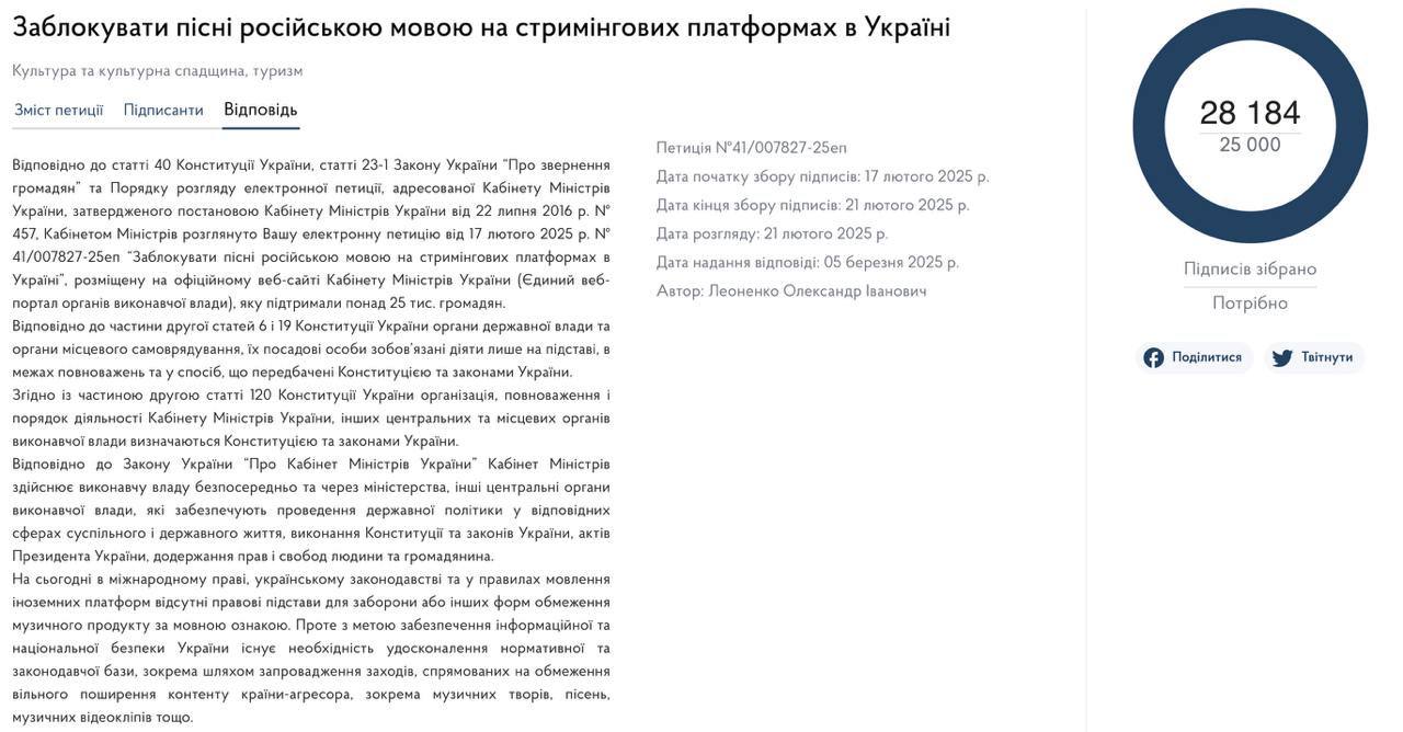 В Украине нет законодательных оснований для запрета музыки на русском языке.  Об этом говорите в ответе правительства на соответствующую петицию.  "На сегодняшний день в международном праве, украинском законодательстве и в правилах вещания иностранных платформ отсутствуют правовые основания для запрета или других форм ограничения музыкального продукта по языковому признаку.  Однако в целях обеспечения информационной и национальной безопасности Украины существует необходимость усовершенствования нормативной и законодательной базы, в частности путем введения мер, направленных на ограничение свободного распространения контента страны-агрессора, в частности, музыкальных произведений, песен, музыкальных видеоклипов и т.д", - говорится в ответе.  Кабмин поручил министерства культуры, цифровизации и юстиции "дополнительно проработать указанный вопрос".