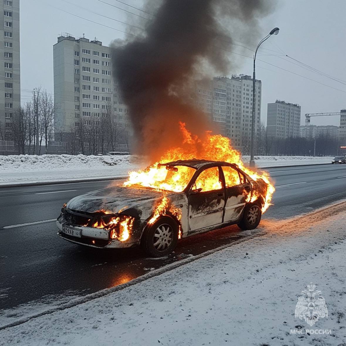 Огнеборцы МЧС России ликвидировали возгорание автомобиля на юго-востоке Москвы  На проезжей части улицы Маршала Полубоярова произошло возгорание автомобиля.  Пожар специалисты МЧС России оперативно ликвидировали на площади 5 квадратных метров.  Пострадавших нет.   МЧС России напоминает:  вовремя проходи техосмотр;   в пути обращай внимание на любую неисправность автомобиля;   в машине храни огнетушитель.   Ваша безопасность - ваша ответственность!   Фото сгенерировано нейросеть