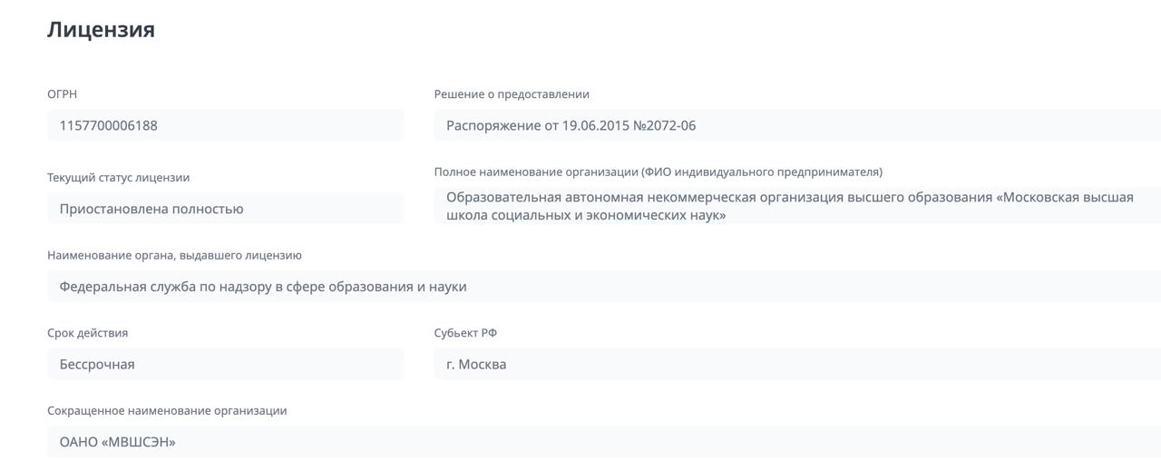 Рособрнадзор приостановил действие образовательной лицензии Шанинки В реестре лицензий на сайте Рособрнадзора указано что лицензия Московской школы социальных и экономических наук полностью приостановлена Как пишет Коммерсант приостановка лицензии означает что вуз не может обучать студентов учредитель организации обязан обеспечить перевод обучающихся с их согласия в другие учебные заведения В ноябре Рособрнадзор лишил Шанинку аккредитации по ряду ключевых программ Социология Социология и социальная работа Менеджмент Экономика и управление бакалавриат а также Психология и Психологические науки бакалавриат и магистратура Еще весной вузу в связи с несоответствием программ школы федеральным стандартам запретили на год принимать новых студентов Руководство Шанинки опасалось негативного развития ситуации и предлагало студентам помощь с переводом в другие вузы В 2024 году бывшего ректора Шанинки Сергея Зуева приговорили к четырем годам условно по делу о мошенничестве в особо крупном размере на сумму около 50 млн рублей при реализации образовательных проектов