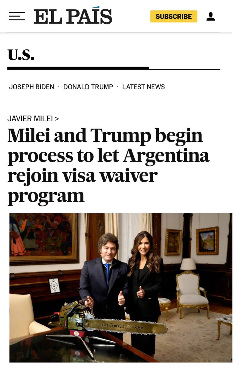 Аргентина намерена вернуть безвиз с США — El Pais   Президент страны Хавьер Милей и министр внутренней безопасности США Кристи Ноэм подписали соглашение, которые запускает этот процесс.   Он займет «не меньше года», пишет издание.   Переезд