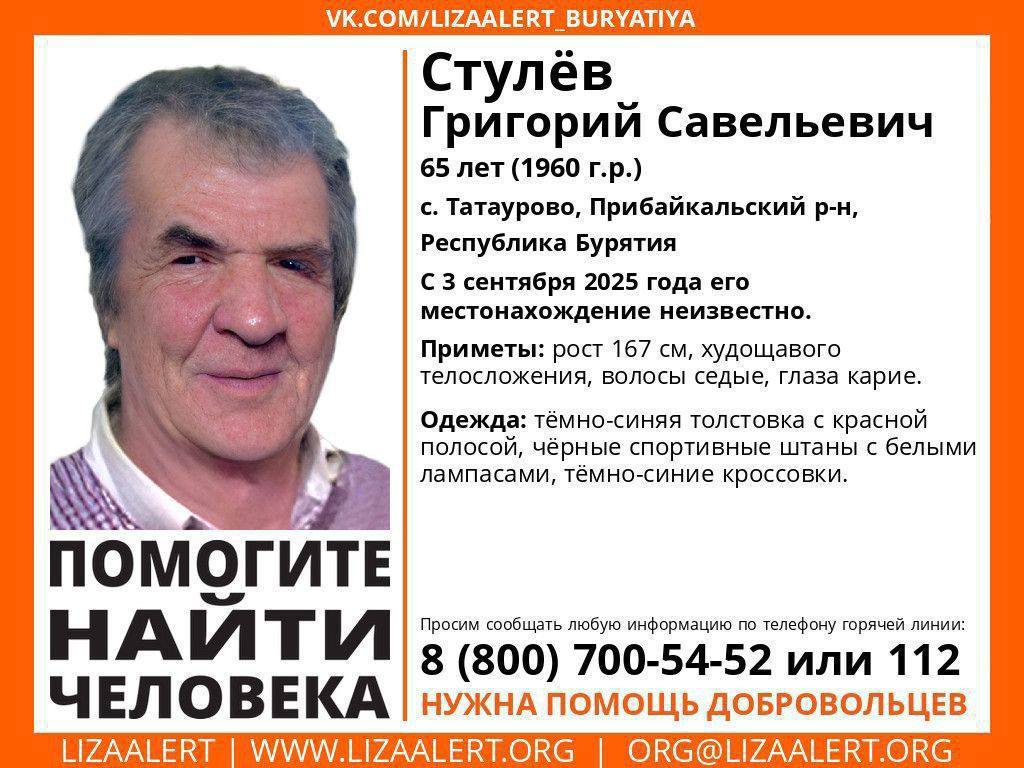 Ушел без денег в неизвестном направлении и не вернулся В Бурятии ищут 65 летнего Григория Стулева 3 сентября мужчина ушел из дома в поселке Татаурово и не вернулся Как рассказали infpolru родственники мужчины раньше он никогда не уходил Сказал что пошел в Хонхолой но там его никто не видел Уже всех родственников обзвонили его у них не было Крайний раз его видели в Улан Удэ на Виадуке в 5 утра Очень переживаем сообщила родственница пропавшего мужчины Денег Григорий с собой не взял Родные надеются что его кто то подвез или видел Поиски уже начал волонтерский отряд Лиза Алерт Но пока никаких следов мужчины не обнаружено