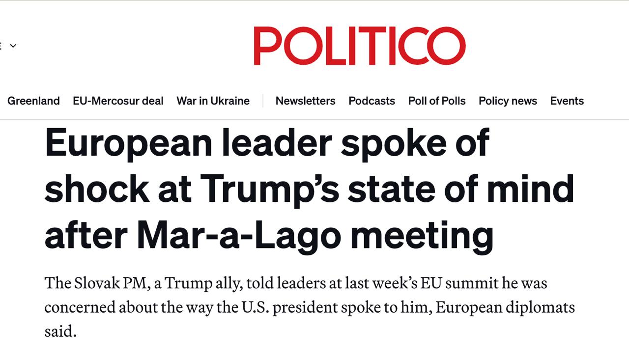 Газета Politico со ссылкой на источники пишет что премьер Словакии Фицо был шокирован опасным психологическим состоянием Трампа после встречи с ним в Мар а Лаго Публично Фицо таких оценок не давал В Белом доме заявили что эта информация фейк Журналисты утверждают что своими впечатлениями от личного общения с президентом США Фицо поделился с лидерами ЕС на саммите на прошлой неделе Фицо якобы заявил им что Трамп сошел с ума Отметим что публично Фицо таких оценок не только не подтверждал но и наоборот поддержал президента США и последнюю встречу с ним называл отличной Кроме того после упомянутого выше саммита ЕС Фицо жестко раскритиковал не Трампа а лидеров Евросоюза А президента США как раз поставил в пример европейцам Сайт Страна X Twitter Прислать новость фото видео Реклама на канале Помощь