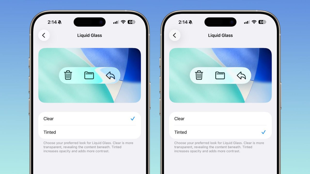 Жидкое стекло уже не такое жидкое В iOS 26 1 beta 4 появились настройки Liquid Glass Apple добавила возможность выбирать оформление элементов интерфейса прозрачное стекло Glass или тонированное Tinted Выбранный эффект применяется по всей системе включая сторонние приложения Rozetked Подписаться