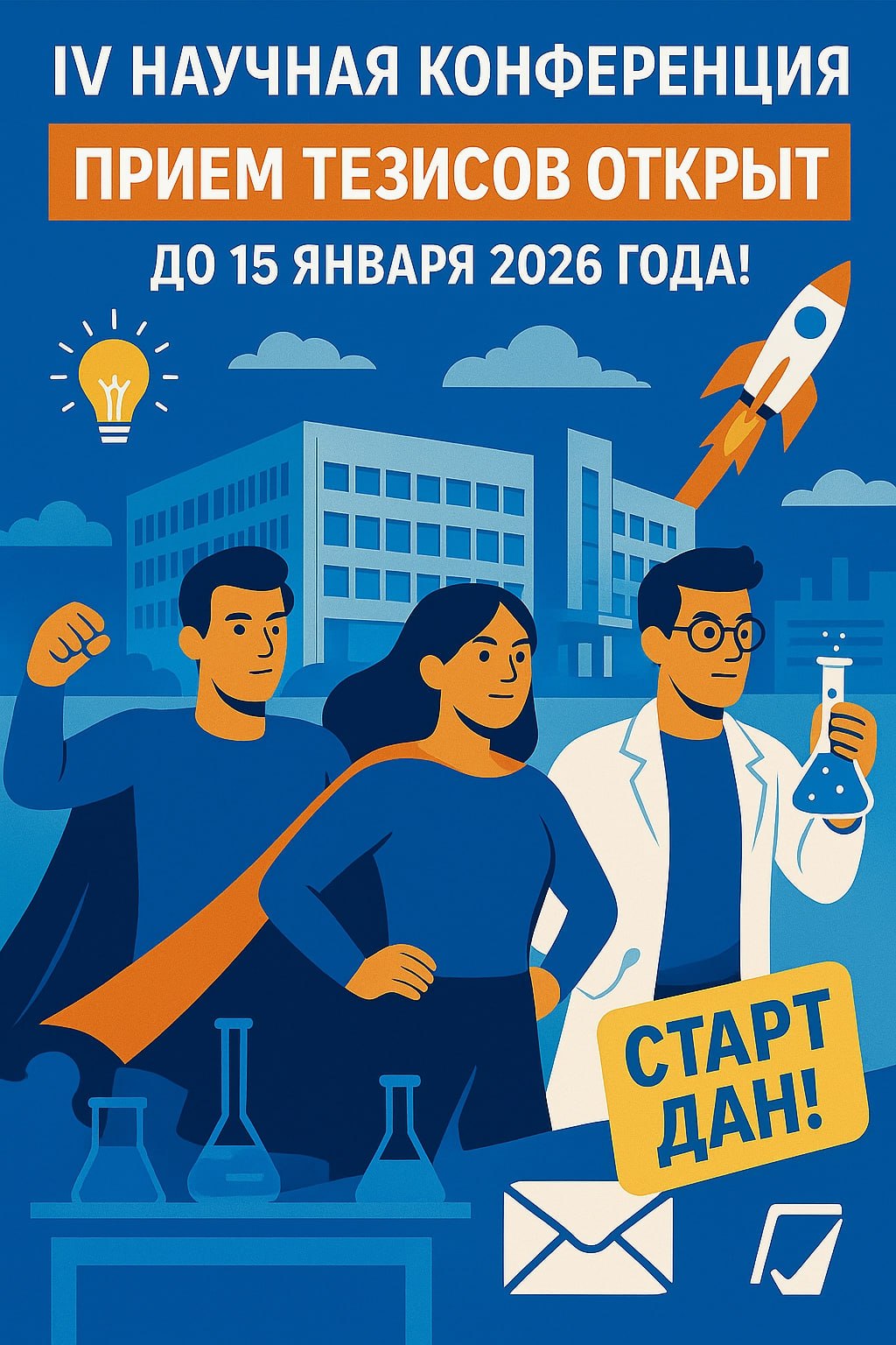 Прием тезисов на IV Молодёжную конференцию СевГУ В СевГУ открыт прием работ на IV Молодёжную научно практическую конференцию Это площадка где студенты магистранты и аспиранты представляют свои исследования обмениваются опытом с коллегами и получают обратную связь от экспертов Конференция пройдет 9 февраля 2026 года в корпусе на ул Университетской 33 Работы принимаются по трем направлениям технические науки социально гуманитарные и экономические науки естественные науки Важные даты Прием тезисов открыт до 15 января 2026 года Работы отправляйте на почту conferencesevsu mail ru вместе с заявкой на участие Тезисы без заявки рассматриваться не будут Что нужно сделать Подготовьте тезисы по требованиям к оформлению заполните заявку и отправьте оба документа на указанную почту Конференция проходит четвертый год Для молодых исследователей это возможность представить результаты работы обсудить их с коллегами и наставниками понять как развивать проект дальше Если вы работаете над исследованием покажите его Здесь вас услышат