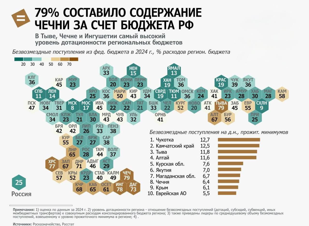 Чечня и Тыва — рекордсмены по зависимости от федерального бюджета. Эти регионы дотационные на 79%. При этом в среднем по России уровень дотационности составляет 25%, а меньше всего получает Москва — 8%.