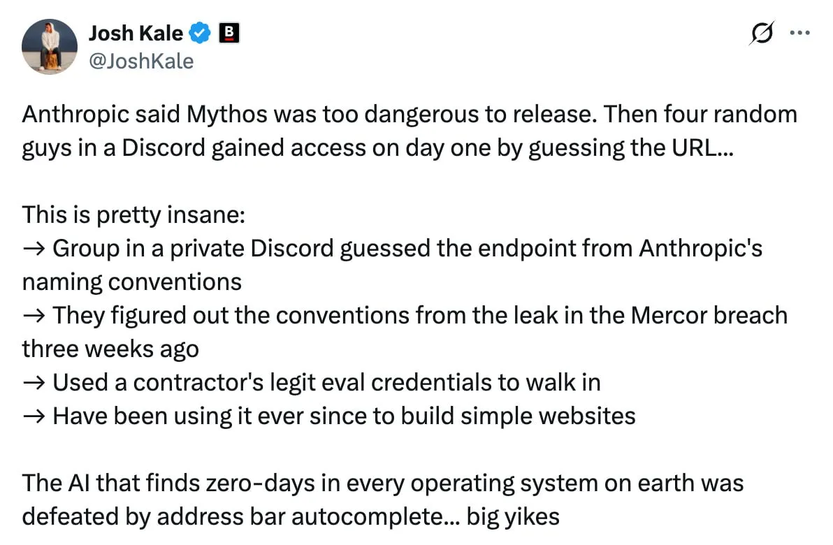 Мем дня секретную модель Claude Mythos от Anthropic взломали простым подбором URL Доступ к нейронке уровня кибероружия получила группа охотников за нерелизнутыми моделями Они воспользовались утечкой данных одного из партнеров Anthropic Взлома всего интернета пока не случилось Парни просто вайбкодят себе сайты
