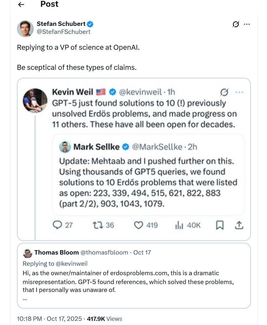 Исследователям OpenAI пришлось удалить твиты о математических открытиях GPT 5 которая якобы решила задачи Эрдёша по теории чисел Математик который и ведёт перечень доказанных гипотез Эрдёша указал что модель просто нашла готовые решения в уже существующих статьях vc ru chatgpt 2285351