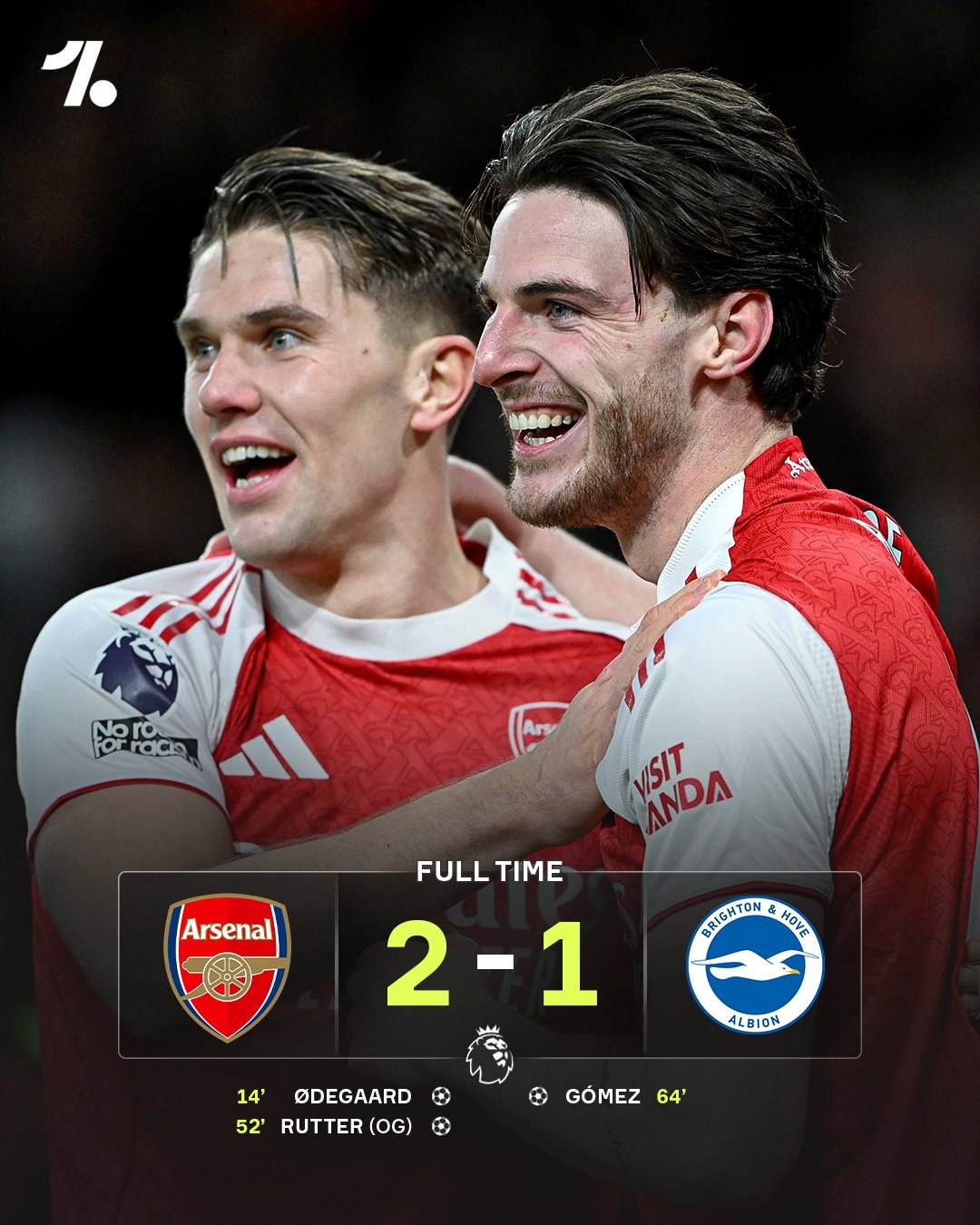 Арсенал побеждает Брайтон и снова возвращает себе единоличное лидерство в таблице АПЛ