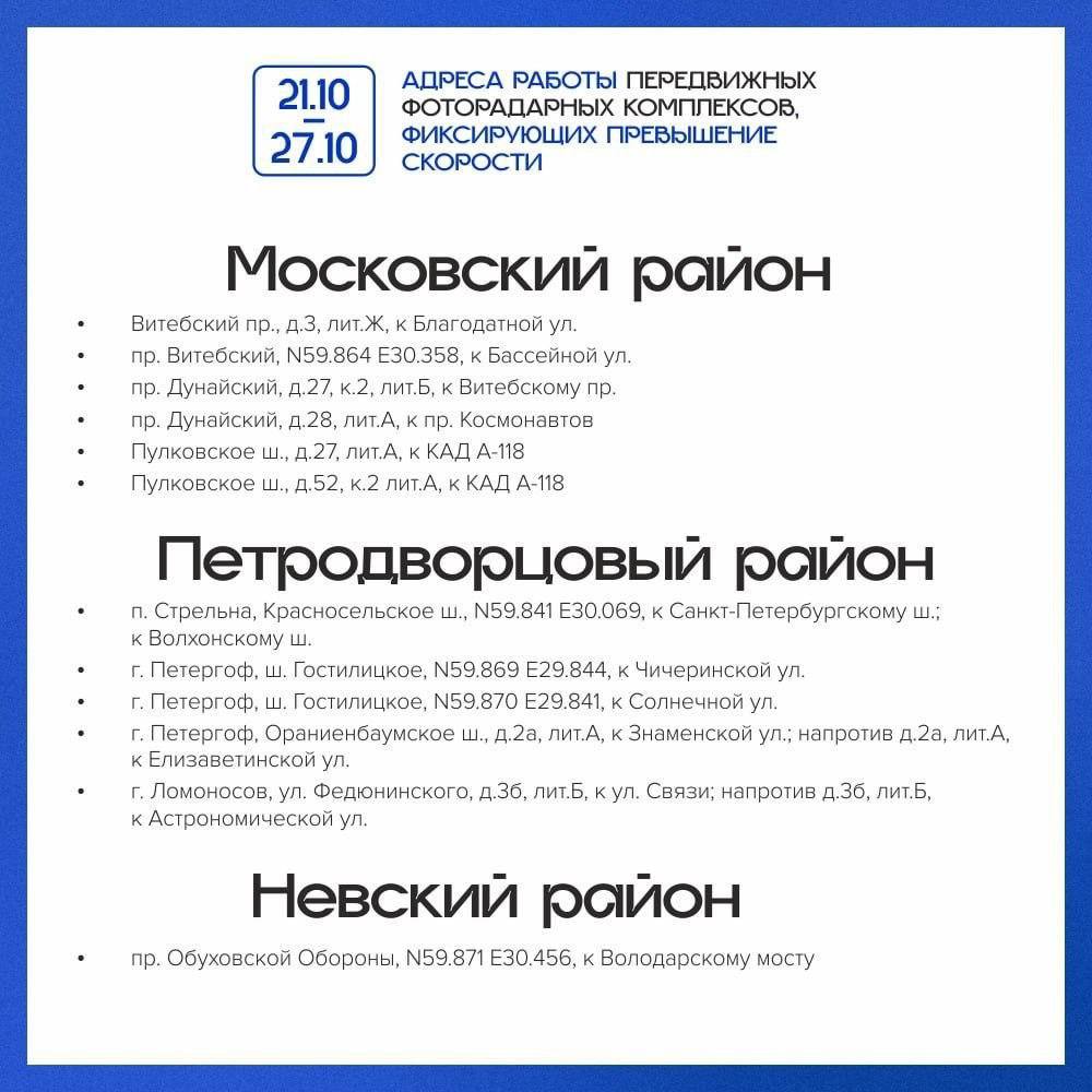 До 27 октября передвижные комплексы, контролирующие соблюдение скоростного режима, будут работать по следующим адресам Московского района.