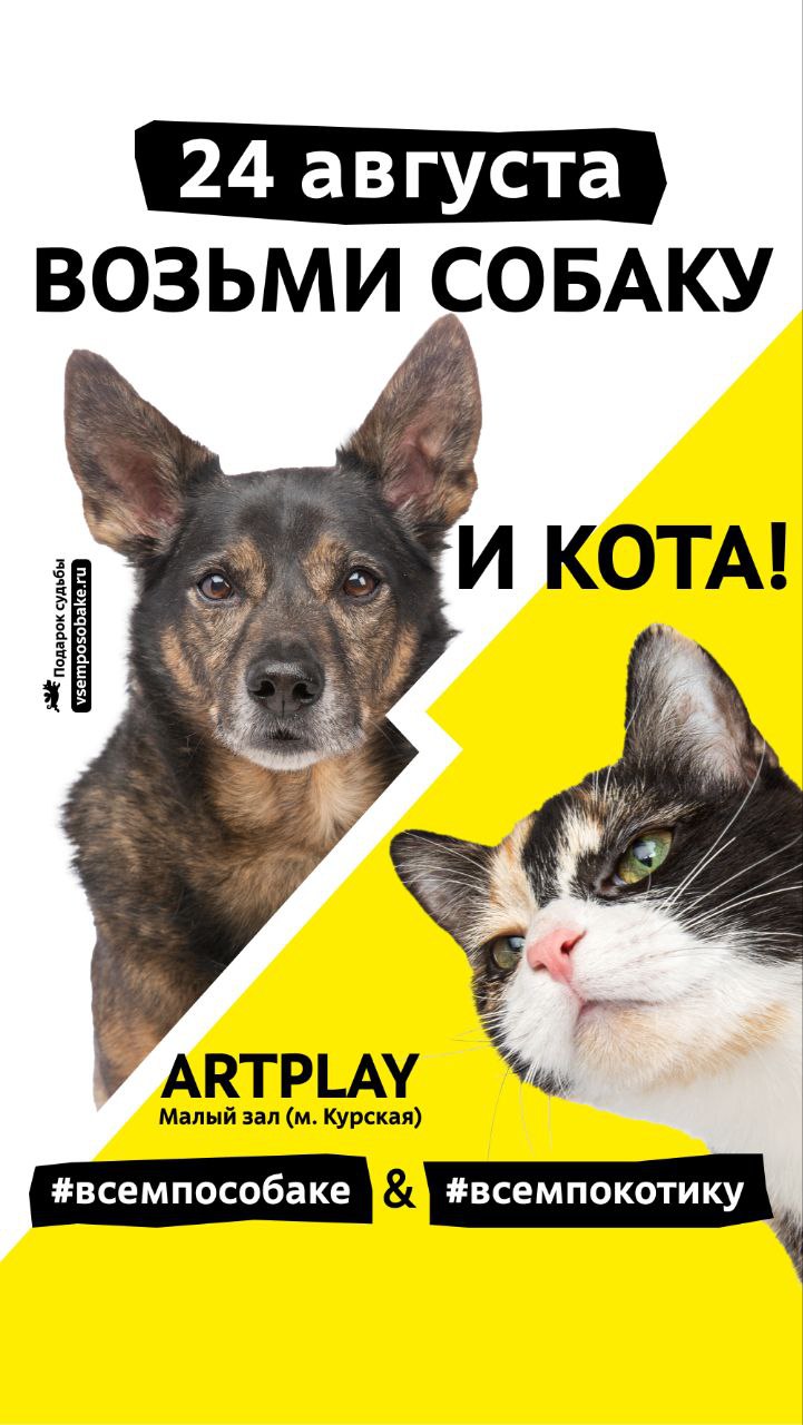 24 августа с 11 00 до 19 00 в ARTPLAY Москва м Курская пройдут выставки пристройства животных из приютов всемпособаке и всемпокотику от фонда Подарок судьбы vsemposobake Гостей всемпособаке и всемпокотику будут ждать 60 собак и 70 котов все они разные по возрасту размеру внешности и характеру но все здоровы привиты и готовы к переезду в новый дом Чтобы забрать животное домой будущим хозяевам нужно будет пройти собеседование с представителем Фонда и зоопсихологом а также заключить договор ответственного содержания нужен паспорт Новые владельцы получат от Фонда подарки и всестороннюю поддержку по всем вопросам адаптации воспитания и ухода за питомцем Выставки всемпособаке и всемпокотику это праздник для всех и даже те гости которые пока не готовы завести питомца смогут отлично провести время отдохнуть душой и вдоволь насладиться общением с пушистыми хвостами которые истосковались по людскому вниманию Приходите сами приводите друзей родных коллег И обязательно приносите подарки на площадке будет работать пункт сбора помощи приютам мешокдобра И обязательно поддержите выставку информационно ВАЖЕН КАЖДЫЙ РЕПОСТ 24 августа с 11 00 до 18 00 Москва ARTPLAY Малый зал Нижняя Сыромятническая ул 10 с 7 Вход на выставку бесплатный но необходима регистрация vsemposobake ru vsemposobake Подробная информация о выставке на странице vsemposobake всемпособаке25 всемпокотику8