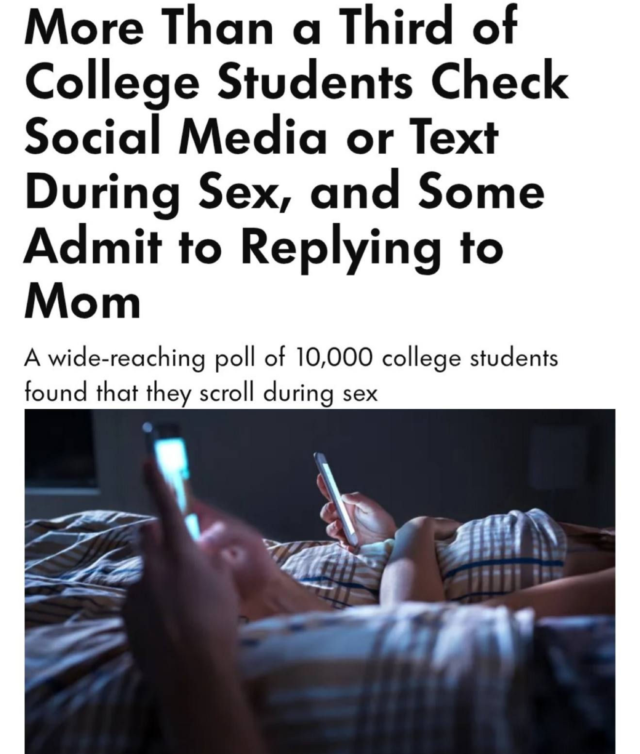 Зумеры залипают в телефон даже во время СЕКСА показало исследование По итогам опроса 10 000 студентов выяснилось 35 листают соцсети прямо во время интима Кто то отвечает на сообщения а некоторые умудряются переписываться с мамой Любовь пройдет мемы останутся techmedia