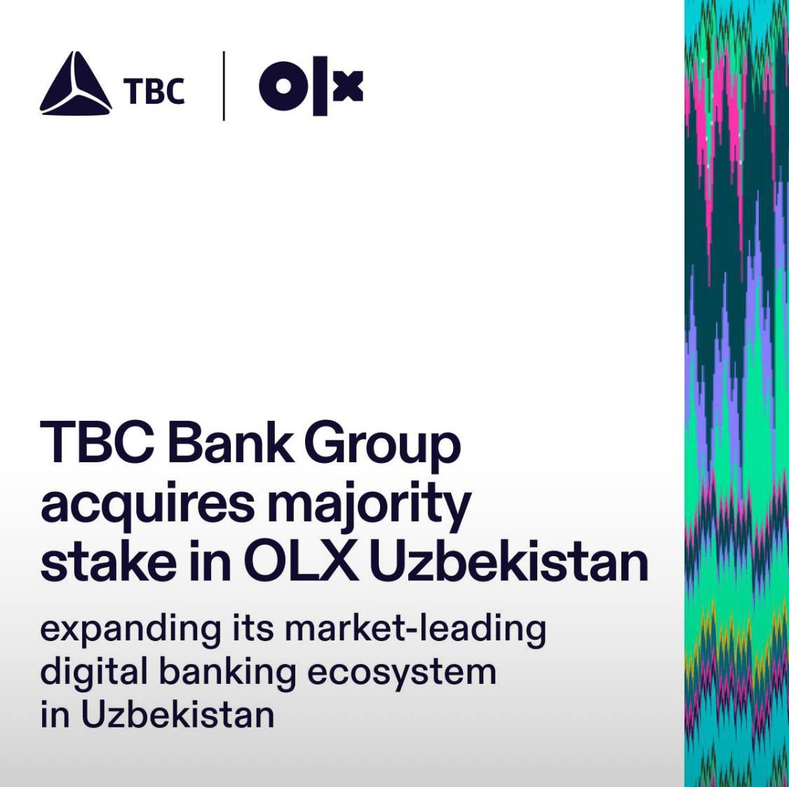 TBC Bank Group приобретает контрольный пакет акций OLX Uzbekistan усиливая лидерство цифровой банковской экосистемы TBC в Узбекистане TBC Bank Group TBC PLC оператор ведущих экосистем финансовых услуг в Грузии и крупнейшей экосистемы цифрового банкинга в Узбекистане с листингом на Лондонской фондовой бирже объявляет о приобретении контрольного пакета акций OLX Uzbekistan OLX UZ лидера рынка онлайн объявлений в Узбекистане Продавцом выступила OLX Group которая входит в Prosus Сделка с Prosus одним из крупнейших мировых игроков инвестирующих в сектор технологий откроет TBC Uzbekistan доступ к новым клиентским сегментам через OLX UZ 6 й по посещаемости сайт в Узбекистане OLX Uzbekistan насчитывает 5 4 млн активных пользователей в месяц и 2 2 млн актуальных объявлений Эта ведущая площадка для торговли услугами товарами автомобилями и недвижимостью охватывает более 20 активной интернет аудитории страны Сделка стала знаковым событием для быстрорастущего технологического сектора Узбекистана и вошла в число крупнейших слияний и поглощений за последние 30 лет Чтобы приобрести OLX UZ TBC Bank Group создала совместное предприятие СП с Titan Investments международной инвестиционной холдинговой компанией работающей с ведущими мировыми институциональными инвесторами компаниями по управлению семейным капиталом и суверенными фондами Ближнего Востока СП приобретет 100 акций OLX Uzbekistan при этом TBC Bank Group будет владеть 50 1 акцией а Titan Investments оставшейся долей Сделка должна завершиться после получения необходимых разрешений регулирующих органов TBC Bank Group планирует интегрировать прибыльно растущий OLX Uzbekistan в экосистему TBC Uzbekistan OLX Узбекистан продолжит свою деятельность под своим брендом Совместное предприятие TBC PLC и Titan Investments объединяет уникальную экспертизу партнеров и их успешный опыт в развитии цифрового банкинга и сервисов онлайн объявлений Команда Titan Investments обладает уникальным опытом инвестиций в развитие и масштабирование быстрорастущих цифровых компаний включая платформы онлайн объявлений Создание СП обеспечит TBC Bank Group доступ к компетенциям Titan и позволит TBC Uzbekistan сосредоточиться на интеграции цифровых банковских продуктов в OLX Uzbekistan и совместной разработке новых решений Сделка соответствует стратегии прибыльного роста TBC Group и создаст дополнительные возможности синергии для TBC Uzbekistan ведущей экосистемы цифрового банкинга в Центральной Азии с 21 млн уникальных зарегистрированных пользователей Ранее в июне TBC Bank Group объявила о покупке контрольного пакета акций BILLZ SaaS платформы для автоматизации розничной торговли что дополнительно расширяет и диверсифицирует продуктовую линейку TBC в Узбекистане ТГ канал uzbekvc