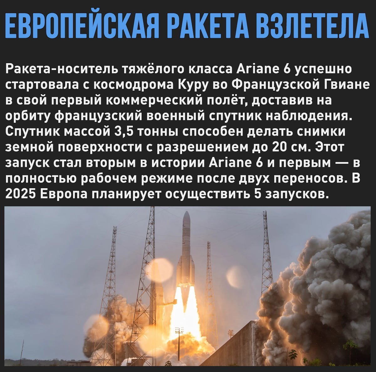 Ariane 6 успешно вывела на орбиту французский военный спутник CSO-3  После нескольких отсрочек ракета Ariane 6 всё же взлетела и вывела на солнечно-синхронную орбиту высотой 800 км. военный спутник CSO-3. Первые два из них были запущены в 2018 и 2020 годах с помощью российских ракет "Союз".  Мой Компьютер