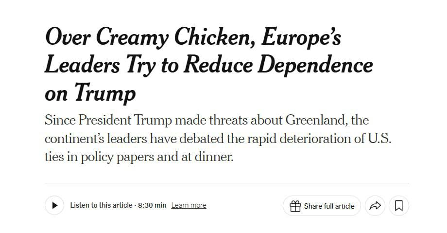 Европейские лидеры на экстренном ужине на прошлой неделе составили тайный план противодействия Трампу пишет The New York Times ссылаясь на источники в правящих кругах Европы По их словам после начала кризиса вокруг Гренландии европейские лидеры собрались на экстренный ужин в Брюсселе в результате которого был разработан план действий для усмирения Трампа План европейских лидеров состоит в том чтобы сохранять спокойствие во время будущих провокаций Трампа угрожать ответными пошлинами и по словам чиновников работать за кулисами над тем чтобы сделать Европу менее зависимой в военном и экономическом отношении от своего все более ненадежного союзника пишет The New York Times Для уменьшения зависимости от Вашингтона в долгосрочной перспективе европейские страны договорились работать над диверсификацией торговых отношений улучшением вооруженных сил и снижением зависимости своих стран от американских технологий В рамках этого плана уже был составлен официальный документ между Италией и Германией призывающий создать пан европейскую фондовую биржу и рынок капитала