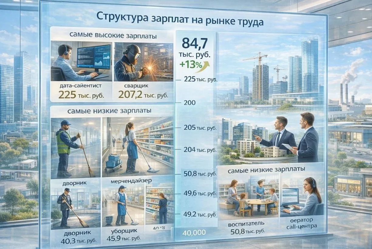 По данным HeadHunter средняя предлагаемая россиянам зарплата в начале апреля составила 84 7 тыс что на 13 больше прошлогодних показателей В этом месяце лидерами по уровню зарплаты стали дата сайентисты из сферы IT 225 тыс на втором сварщики 207 2 тыс на третьем агенты по недвижимости 204 8 тыс Наименьшие показатели медианной заработной платы были у дворников 40 3 тыс уборщиков 45 9 тыс мерчандайзеров 49 6 тыс воспитателей 50 8 тыс и операторов call центров 51 6 тыс Топ Бизнес Подписаться в MAX