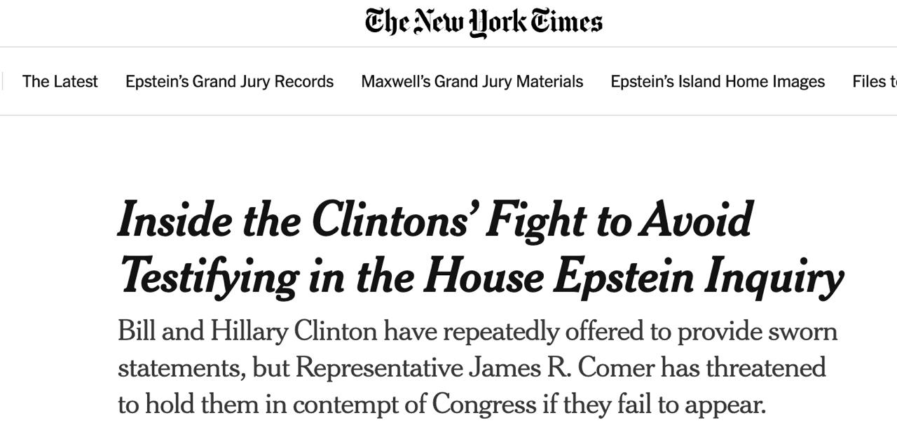 Республиканцы в Палате представителей угрожают Биллу и Хиллари Клинтон уголовной ответственностью по делу Эпштейна сообщает The New York Times Председатель комитета по надзору Джеймс Р Комер из Кентукки уже несколько месяцев требует от бывшего президента и госсекретаря лично явиться в Конгресс для дачи показаний делу сексуального преступника но они соглашаются только предоставить письменное заявление под присягой Комер пригрозил им начать процедуру привлечения к ответственности за неуважение к Конгрессу если они лично не явятся в Конгресс на этой неделе что обычно является первым шагом при передаче дела в Минюст для возбуждения уголовного дела NYT полагает что так республиканцы пытаются переключить внимание с обвинений в адрес Трампа в связях с Эпштейном в сторону демократов Клинтон был знаком с Эпштейном но заявлял что никогда не посещал его частный остров и прекратил с ним всякое общение 20 лет назад Сайт Страна X Twitter Прислать новость фото видео Реклама на канале Помощь