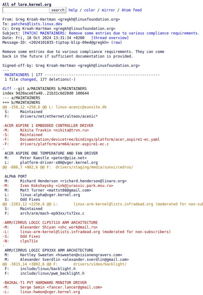 Из списка мейнтейнеров проекта ядра Linux удалено 11 разработчиков, предположительно работающих в российских компаниях.  В качестве причины упомянута ситуация с выполнением различных требований комплаенса. Также отмечается, что разработчики могут быть возвращены в список мейнтейнеров проекта в случае предоставления определённой документации.  Мейнтейнер порта Linux для архитектуры m68k Герт Уйттерховен указал, что формулировки слишком размыты и так как ядро является открытым проектом, неплохо бы уточнить, что подразумевается под «различными требованиями комплаенса» и какую именно документацию нужно предоставить для восстановления. Он также выразил опасение, что подобное удаление без изложения правил открывает двери для дальнейших злоупотреблений.