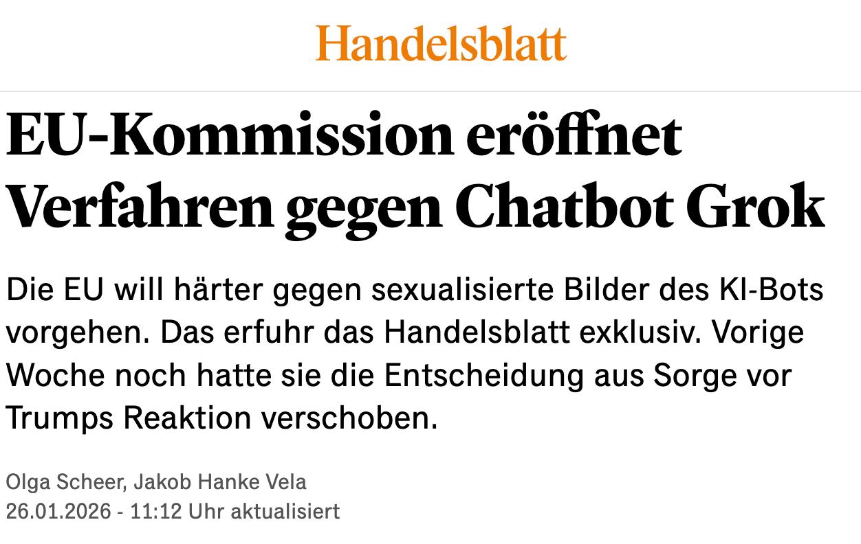 Еврокомиссия начала расследование против чат бота Grok который раздевал фотографии людей в соцсети Х Илона Маска сообщает газета Handelsblatt со ссылкой на источники При том расследование отложили на неделю из за опасений по поводу реакции Трампа который приезжал в Давос Ранее в Х заявляли что Grok перестанет раздевать людей в тех странах где это незаконно Сайт Страна X Twitter Прислать новость фото видео Реклама на канале Помощь