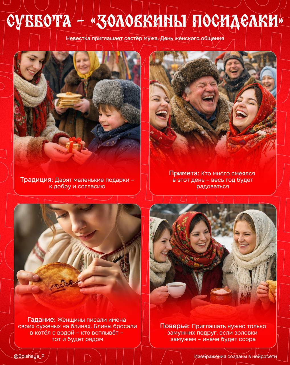 Золовкины посиделки шестой день Масленицы В этот день молодая жена приглашала сестер мужа дарила подарки и щедро угощала Одинокие девушки гадали на суженого и обсуждали возможных женихов замужние беседовали о быте и хозяйстве Если еще не успели посидеть с подругами то сегодня самое время Подписаться Дать буст Мы в MAX