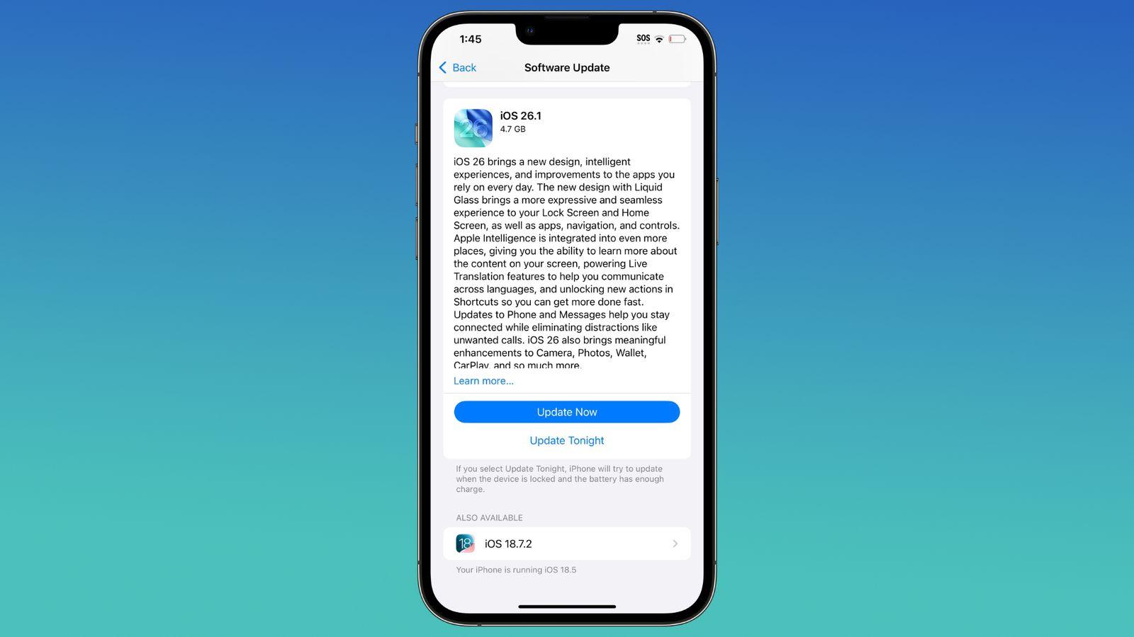 Apple призывает пользователей использующих iOS 18 обновиться до iOS 26 В настройках предложение об установке iOS 26 1 теперь занимает почти весь экран в то время как обновление для iOS 18 занимает одну строку снизу Раньше все было наоборот но похоже Apple надо увеличить количество установок iOS 26 MacRumors новости iphonesru