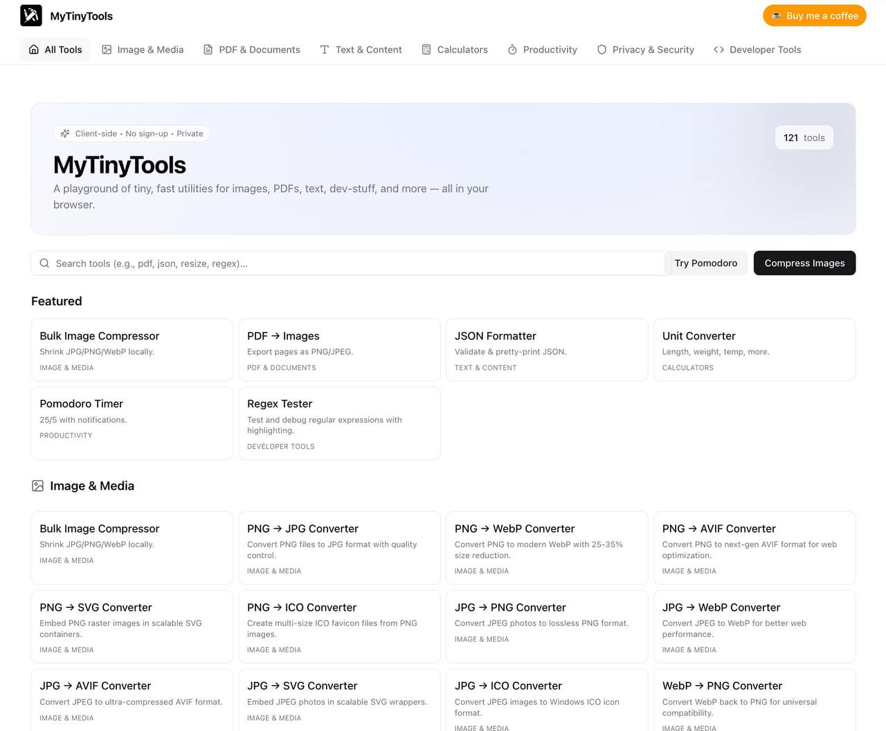 MyTinyTools сотни мини сервисов в одном месте Запустился сервис MyTinyTools который реально можно назвать швейцарским ножом для цифровых задач Десятки инструментов для текста кода изображений видео и конвертации файлов Утилиты для тайм менеджмента календари трекеры Pomodoro таймеры Всё работает прямо на сайте без переходов и сторонних сервисов Никакой регистрации и лимитов Весь рабочий арсенал в одной вкладке