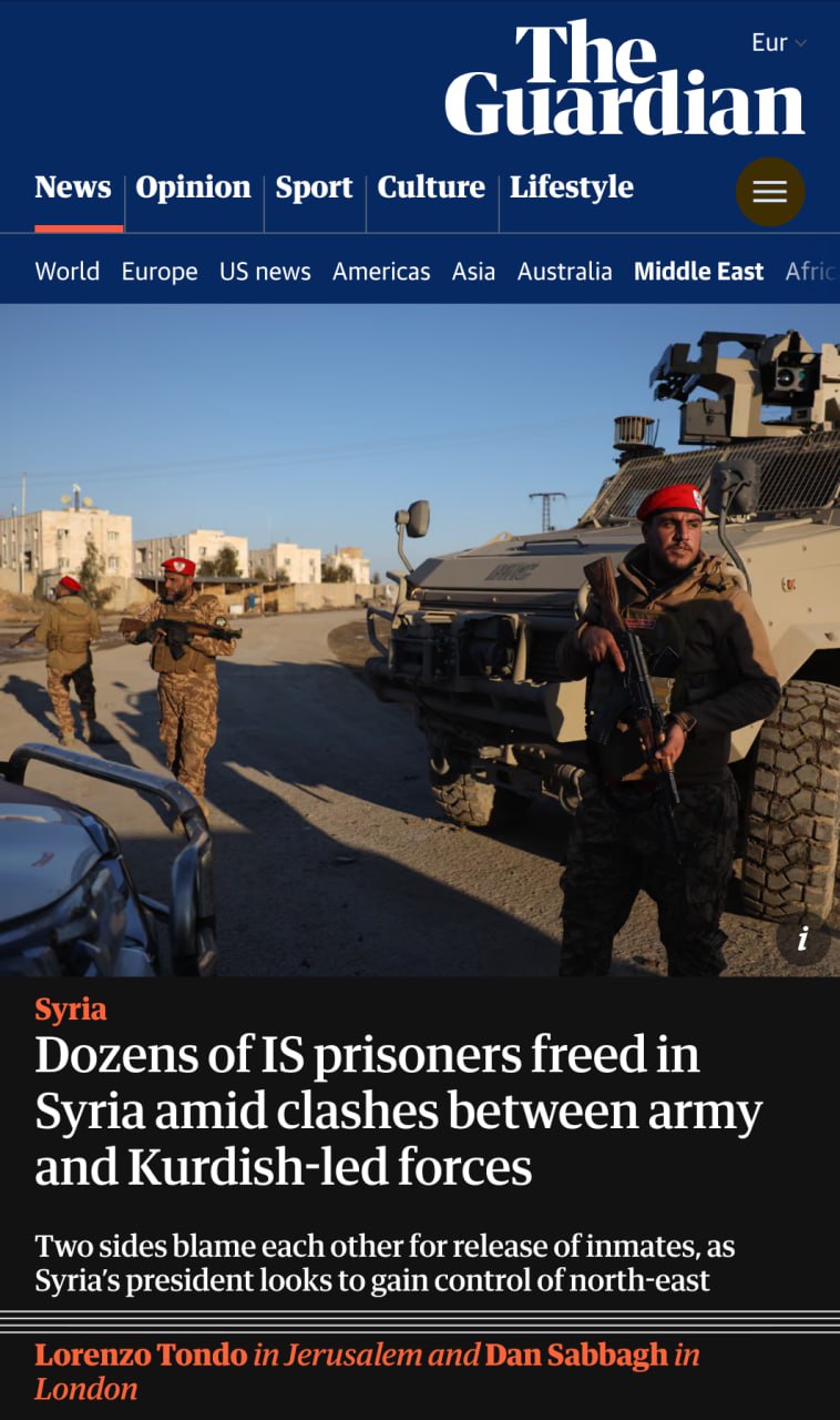 Во время столкновений между курдами и сирийскими исламскими властями из тюрем были освобождены десятки членов ИГИЛ Курды из Сирийских демократических сил объявили что игиловцы сбежали из тюрьмы в городе Эш Шаддада Это произошло после того как СДС потеряли контроль над городом который удерживали с 2016 года Правительственная армия подтвердила побег и ввела в городе комендантский час Однако военные отрицают свою вину и обвиняют в побеге оппонентов В результате боевых действий исламское правительство Сирии фактически разгромило курдскую автономию и принудило её лидеров подписать соглашение об интеграции местных сил в госструктуры Задонатить через бота Patreon